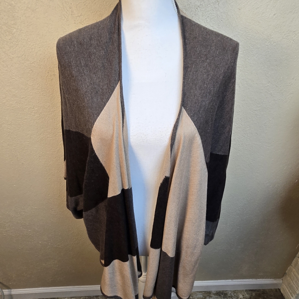 3 Sisters Open-Front Colorblock Cardigan - Brown, Cream & Black Large (6469)